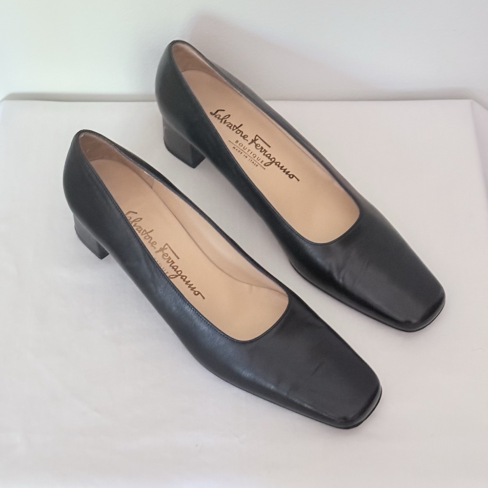 Salvatore Ferragamo Black Leather Low Block Heel Pumps